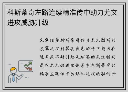 科斯蒂奇左路连续精准传中助力尤文进攻威胁升级
