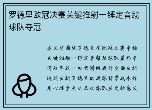 罗德里欧冠决赛关键推射一锤定音助球队夺冠
