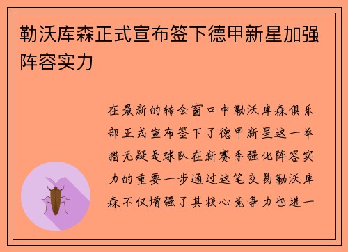 勒沃库森正式宣布签下德甲新星加强阵容实力
